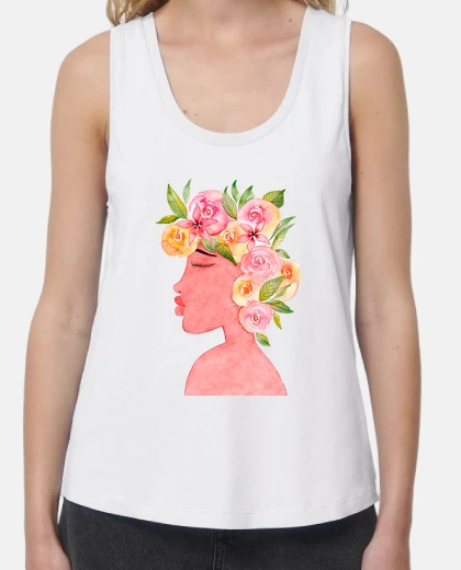 Camiseta Mujer, tirantes anchos y Loose Fit, blanca, mujer africana acuarela