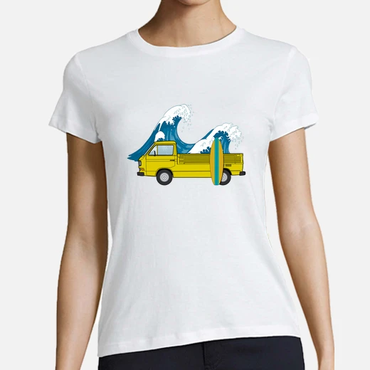 mujer, furgo doka surf ola amarillo