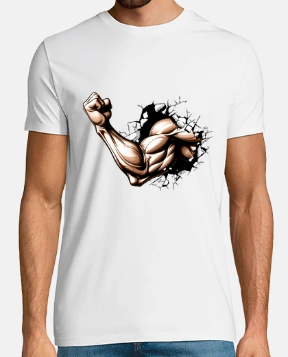 T-shirt muscoli bicipiti pugno chiuso gonfiato