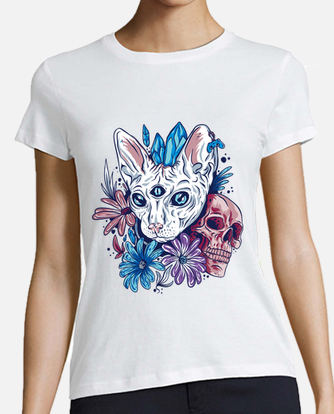 Mystic cat skull flowers t-shirt | tostadora