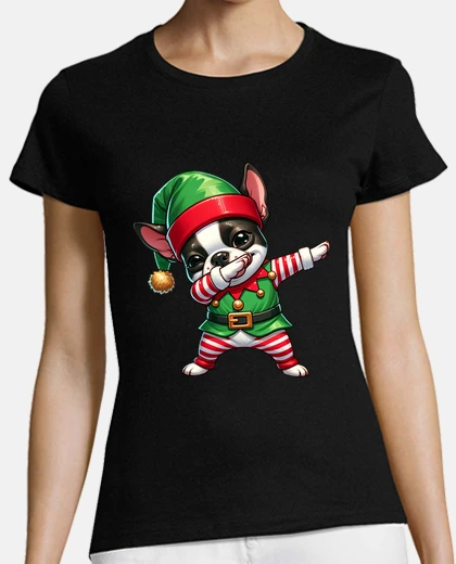 T-shirt natale boston terrier elfo divertente