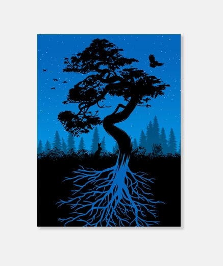 Wall nature tree with roots at night