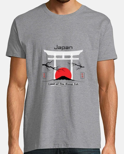 Playera Negro Gris Rojo Moderno Ilustrativo Japón Estilo Monte Fuji Camiseta