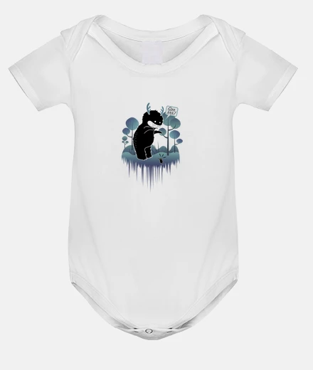 Kids nice forest monster with horns giving a mouse a scare - baby body, white
