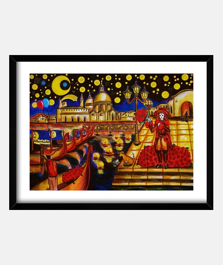 Cuadro Noche estrellada en Venecia, cuadro enmarcado, dibujo hecho a mano.