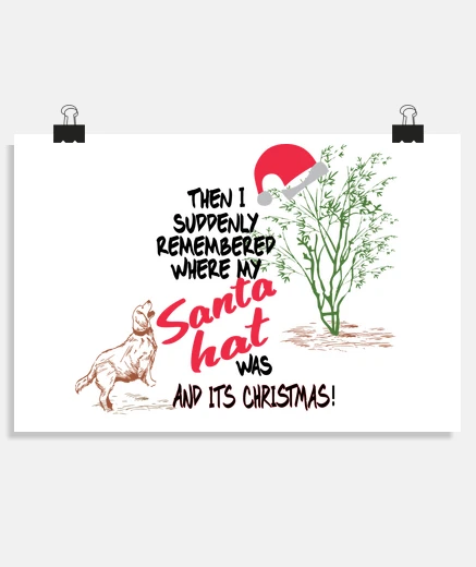 Poster noël est ici bonnet de noel et chien