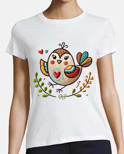 Tee-shirt oiseau broderie napperon chinoise col en V