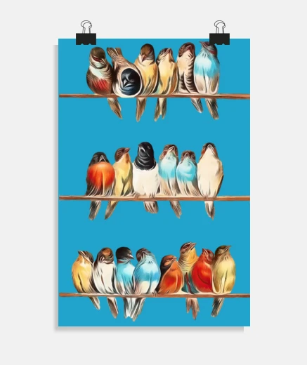 Poster oiseaux rassemblés sur des fils fil angle poster décoration