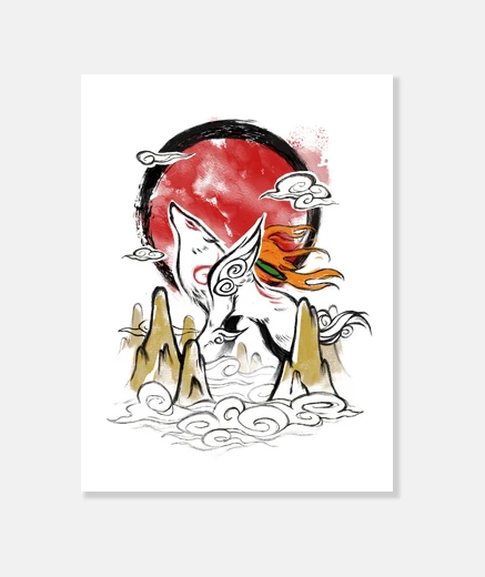 Wall okami ink - white wolf sunset - gamer