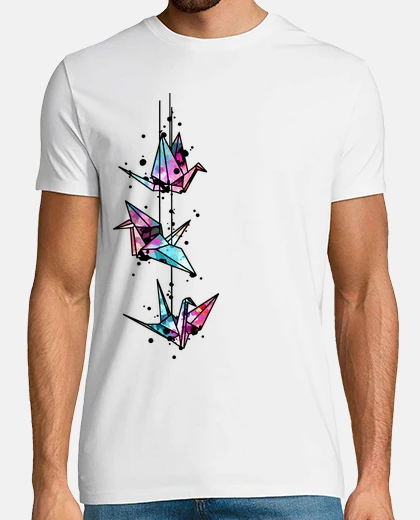 Camiseta origami blanco grúa acuarela