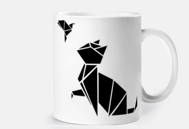 Taza origami: el gato y el pájaro