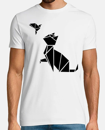 Camiseta origami: el gato y el pájaro
