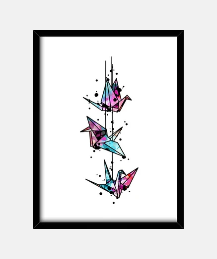 Framed origami white crane watercolor