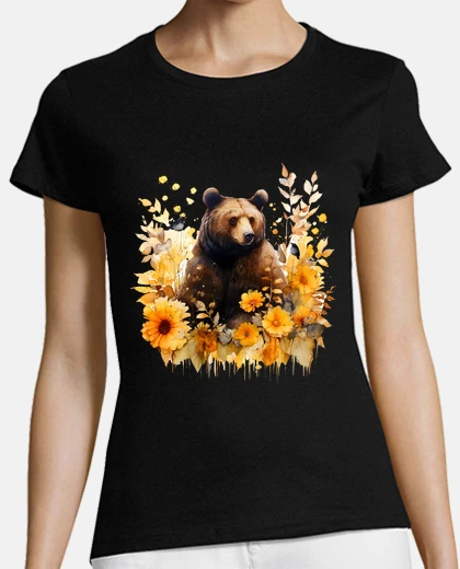 T-shirt orso fiori girasole uccelli boho grizzly mamma