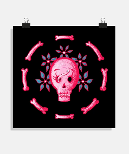Poster os et fleurs de crâne drôle rose