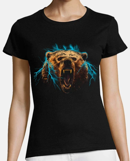 Tee-shirt ours brun qui rugit avec éclairs autour de lui 