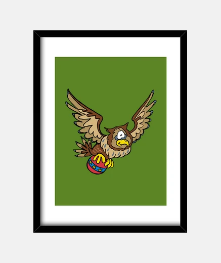 Framed owl with toy ball