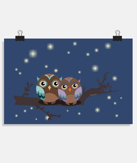 Poster owls in lovers kawaii
