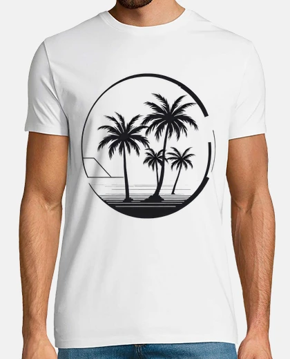 T-shirt palme in mezzo al mare in un tramonto, spiaggia, t-shirt leggera