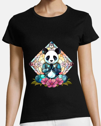 Playera panda haciendo yoga vidrieras flores