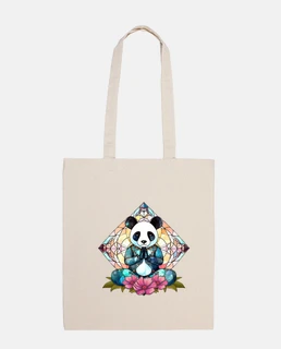 panda doing yoga stained glass flowers tote bag