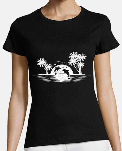 Tee-shirt paradis coucher de soleil dauphins au crépuscule mer et palmiers
