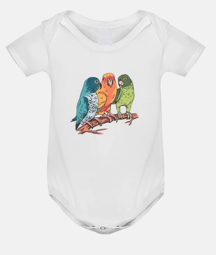 Kids parakeets three on a tree branch baby onesie bodysuit