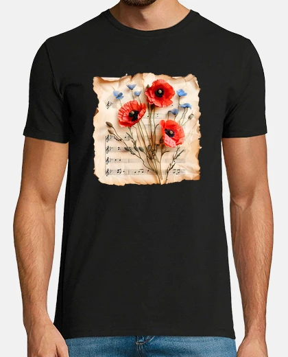 Camiseta partitura musical y amapola
