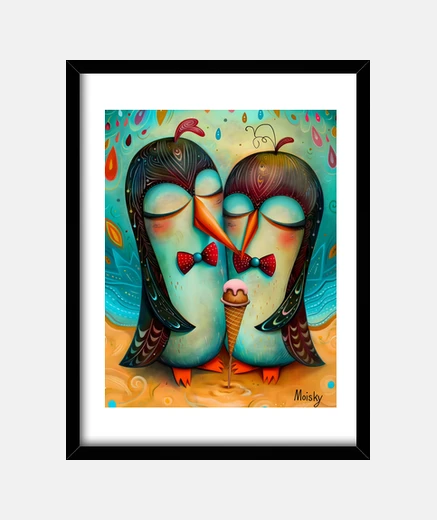 Framed penguins sharing a delicious moment
