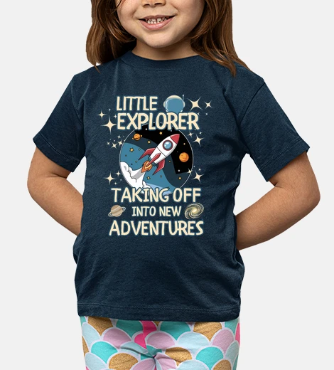Ropa pequeño explorador que despega hacia nuevas aventuras. diseño de exploración espacial.