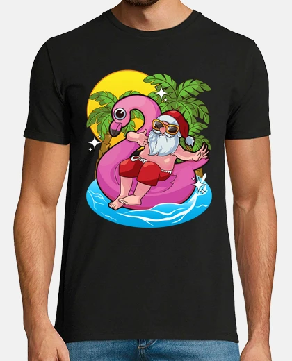 Tee-shirt père noël plage été flotteur flamant rose noel