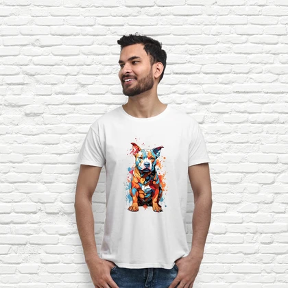 Playera perro colorido, abstracto, geométrico, lleno de manchas de