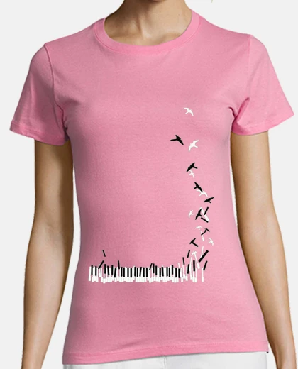 Camiseta piano pajaros blanco camiseta mujer rosa