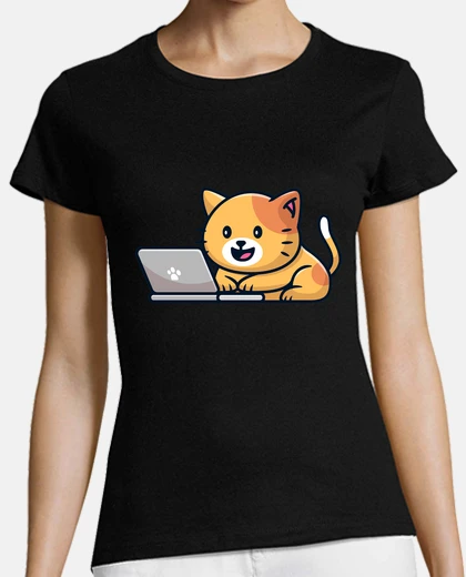 T-shirt piccolo gatto con il suo laptop
