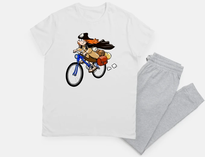 Pyjama pilgrim on bicycle