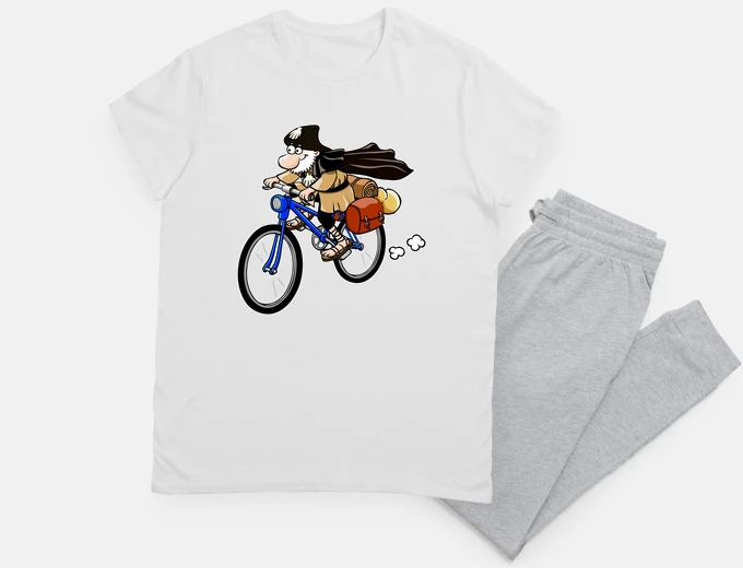 Pyjama pilgrim on bicycle