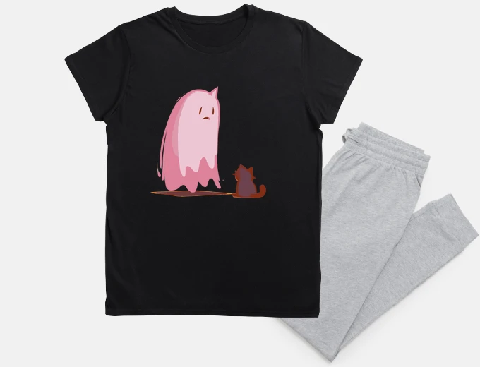 Pyjama Pink sad ghost and cat
