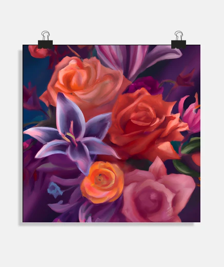 Poster pittura impressionista di rose e gigli