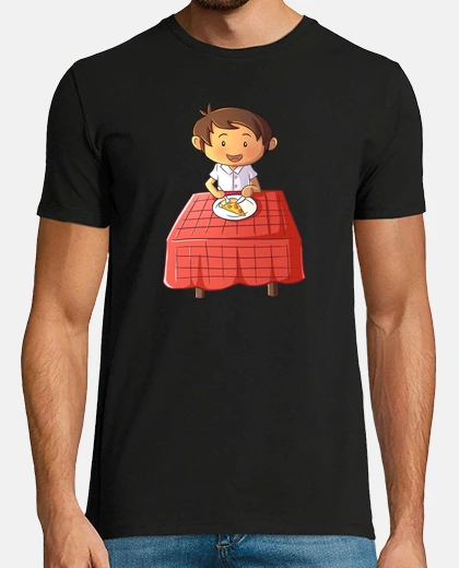 T-shirt pizza party boy at table