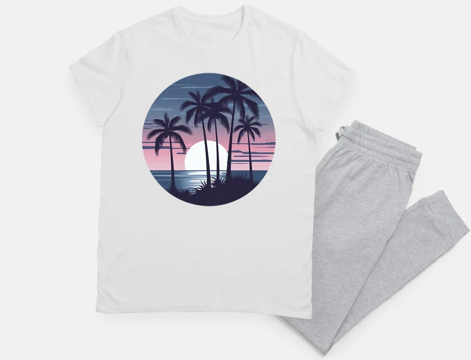 Pyjama plage de palmiers au coucher du soleil