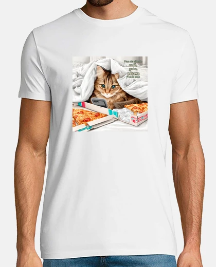 Camiseta Plan de sábado. sofá, gato, pizza y nad