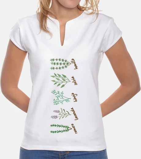 Tee-shirt plantes aromatiques femme, cou mao, blanc