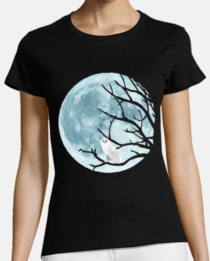 Tee-shirt pleine lune et hibou blanc yeux bleus
