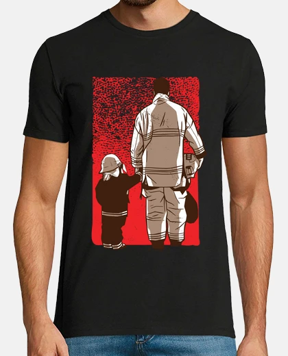 T-shirt pompiere con suo figlio. esemplare camion dei pompieri