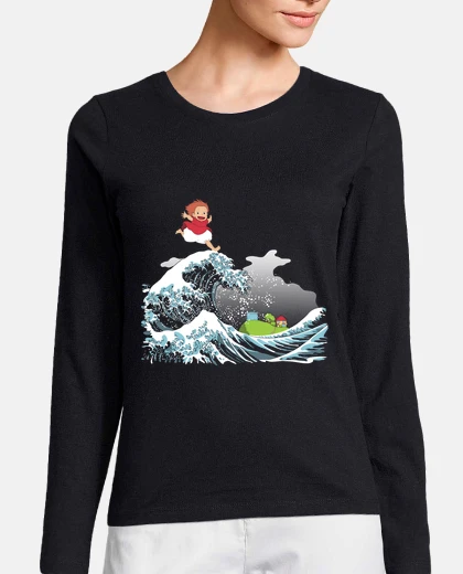 T-shirt Ponyo and the Kanagawa Great Wave maglietta donna maniche lunghe