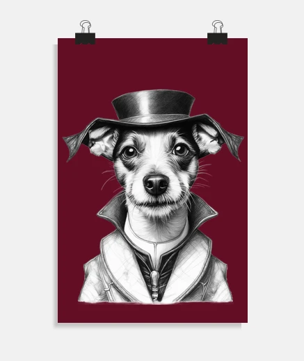 Póster póster de perro terrier con sombrero de caballero para oficina, peluquería, stand, tienda, estudio