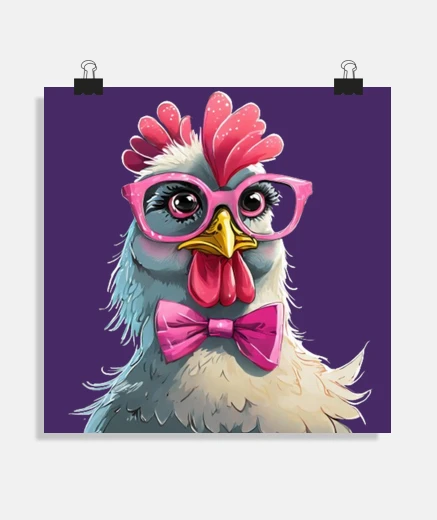 Poster poster divertente di gallina con occhiali rosa, soggiorno, ristorante, boutique, negozio, studio