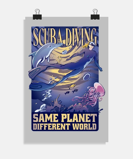 Poster poster pour decoration appartement ou home staging, plongee sous marine avec les dauphins e