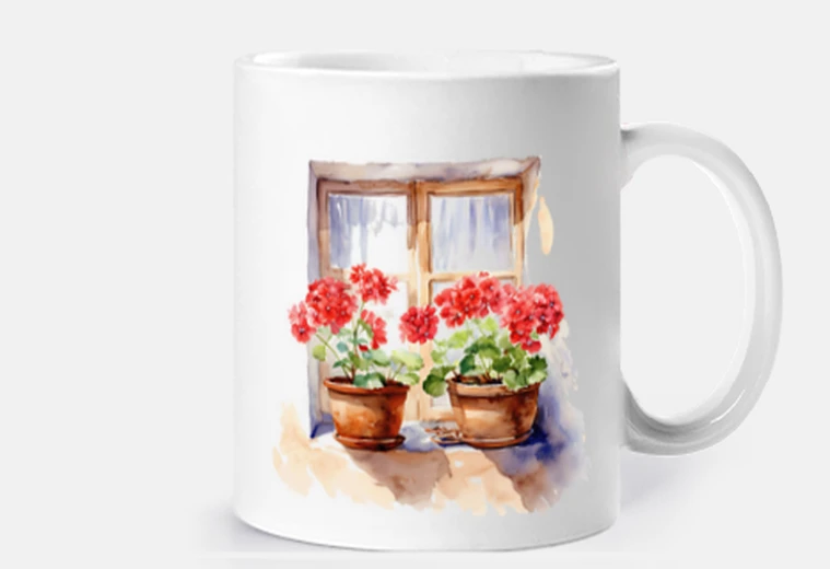 Cup potted geranium on a customizable window cup coffee tea