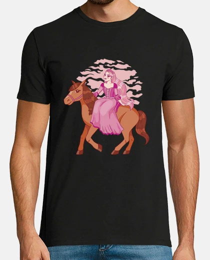 Camiseta princesa en silla de montar en su caballo, en busca de príncipe azul